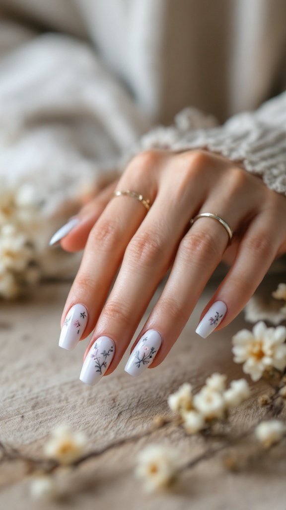 Close-up of a hand with soft grey nails featuring floral nail art, surrounded by small white flowers