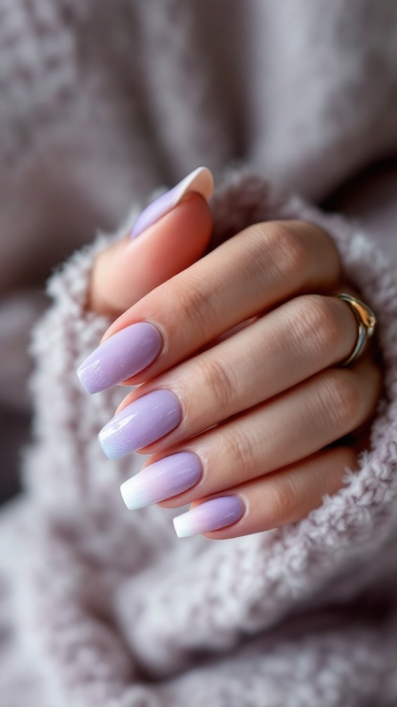 A hand with soft lavender ombre nails, showcasing a gradient from lavender to white, wrapped in a cozy, fluffy sweater.
