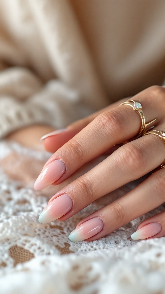 Pastel ombre nail design featuring a gradient from pink to mint green