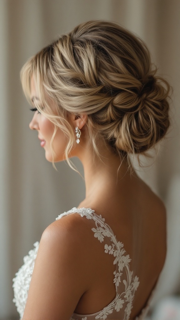 A side view of a soft romantic updo hairstyle, featuring loose curls and tendrils, perfect for a bridesmaid wearing a one-shoulder dress.