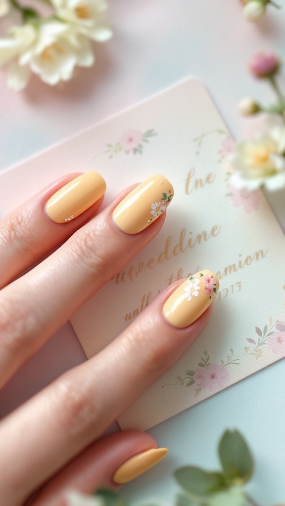 A hand with soft yellow floral designs on wedding nails, holding a pink invitation, surrounded by small flowers.