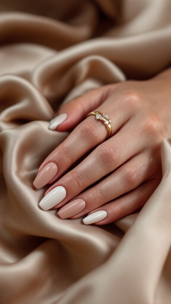A hand with classy matte finish bridal nails in nude and white, resting on a silky fabric with a delicate ring.