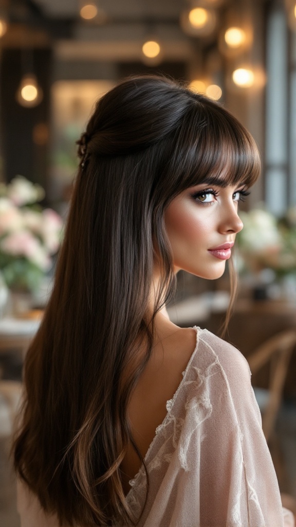 A woman with straight hair and bold bangs, styled elegantly for a special occasion.