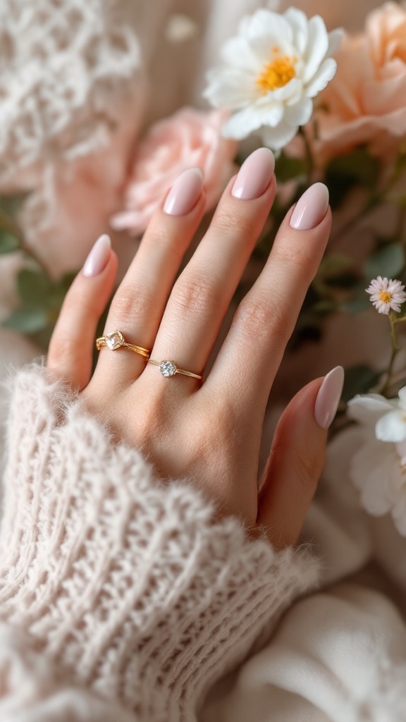 Close-up of a hand with manicured nails and gemstone rings, surrounded by flowers.