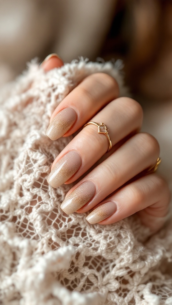 A hand with a subtle gold glitter fade on nails, holding a soft, textured fabric