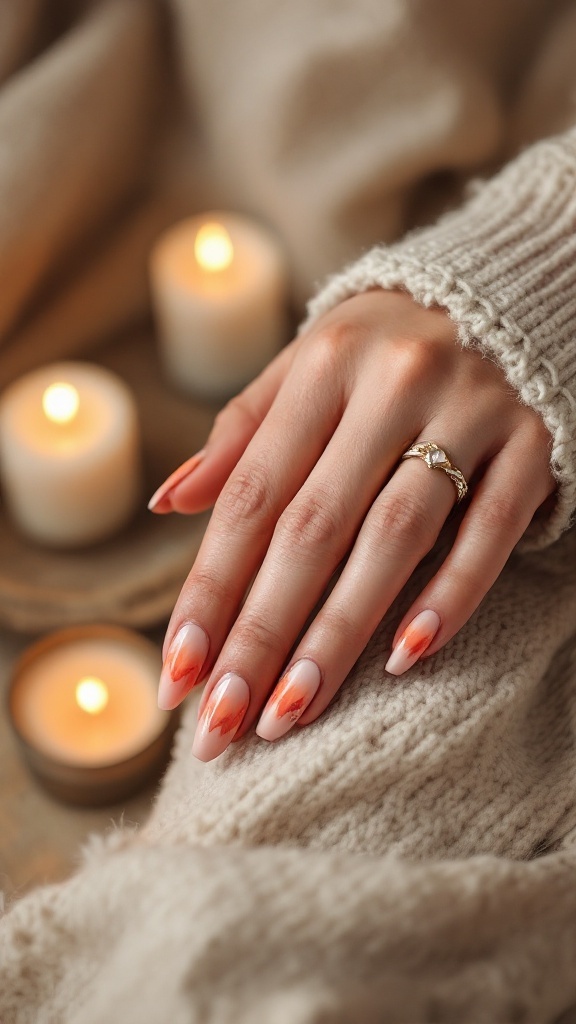 A close-up of a hand with sunset-inspired nails, featuring a gradient of peach and coral colors, resting on a cozy knit fabric with candles in the background.