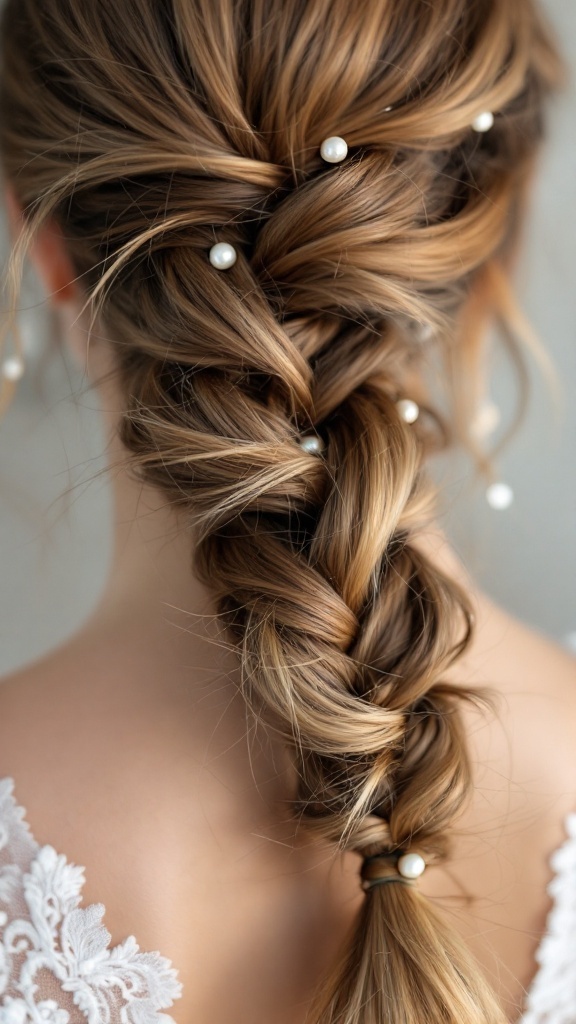 A textured braid hairstyle adorned with small pearls, ideal for bridesmaids.