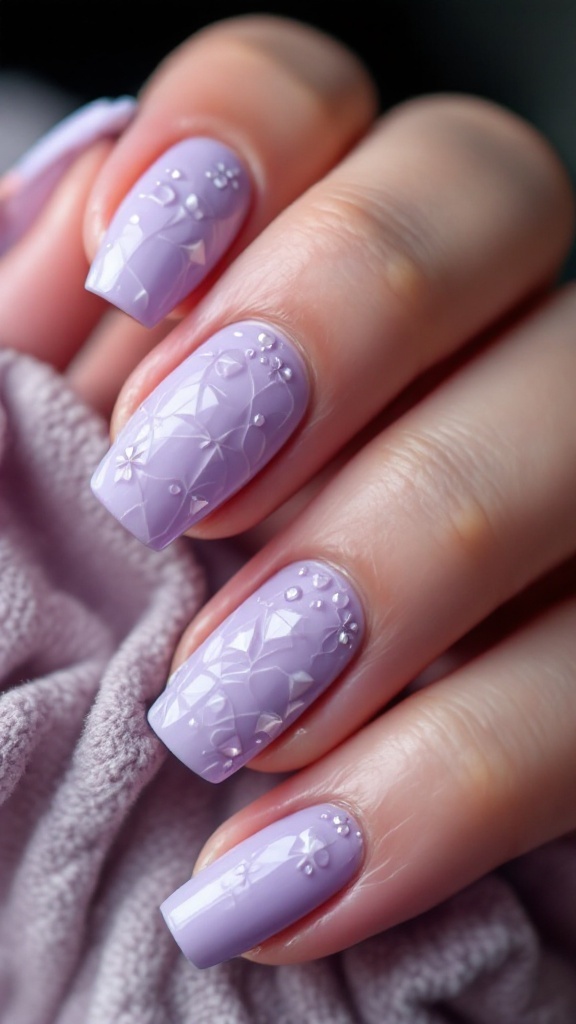 A hand with textured lavender nails, featuring a mix of glossy and matte finishes, resting on a cozy knitted sweater.