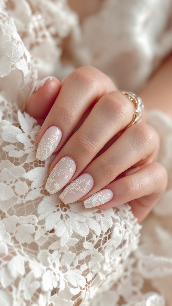 A close-up of light pink wedding nails with lace designs, featuring a delicate floral pattern.
