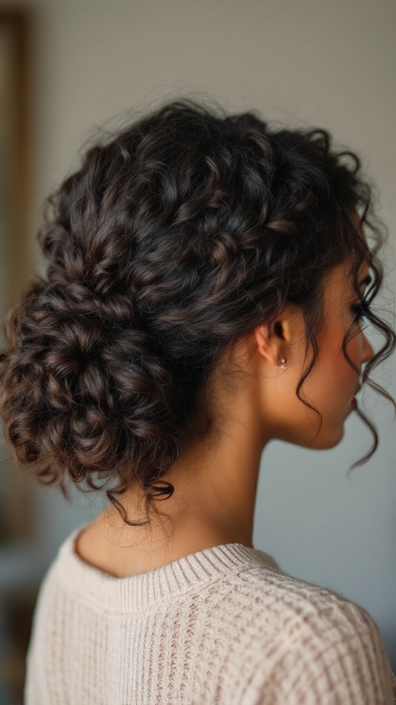 A woman with curly hair styled in a textured low bun, showing loose tendrils framing her face.