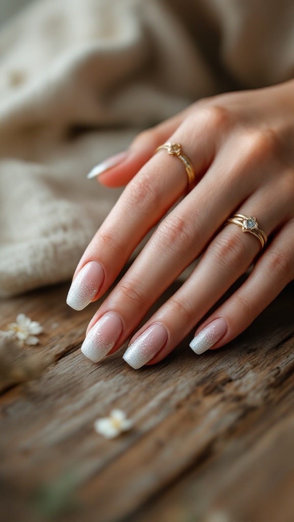 A close-up of elegantly manicured hands with nude nails and glitter tips, adorned with simple rings, on a wooden surface.