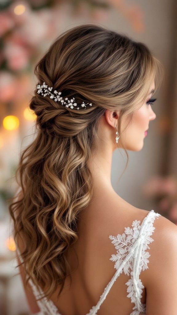 A bridesmaid with a twisted half-up hairstyle decorated with hairpins.
