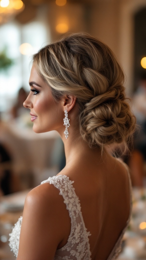A bridesmaid showcases a twisted low bun hairstyle, elegantly styled with a side profile view.