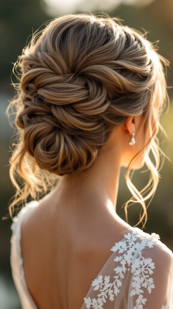 A twisted updo hairstyle with soft waves, showcasing elegance and romance.