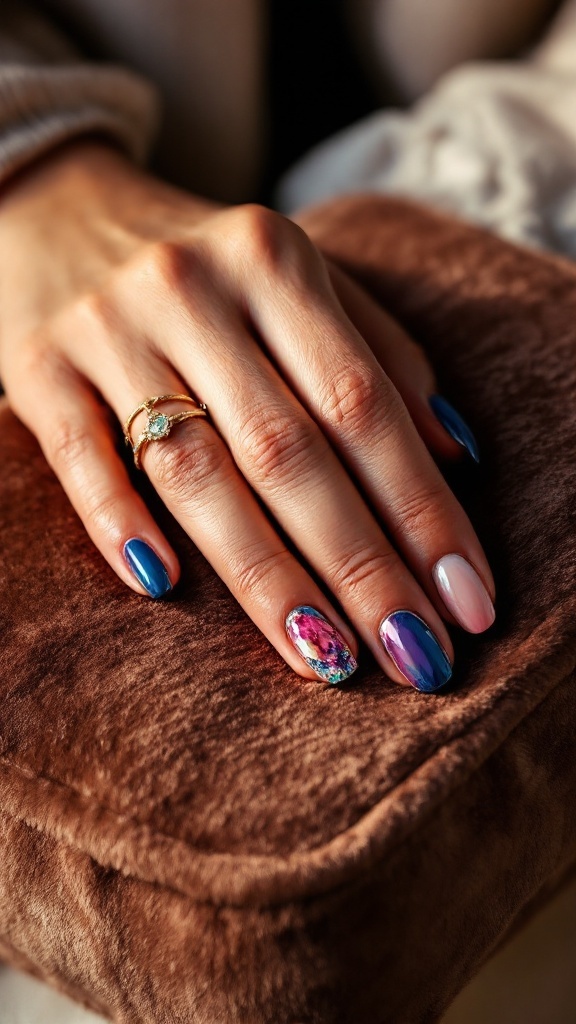 A hand with jewel-toned nails featuring blues, purples, and a floral design, resting on a soft brown surface.