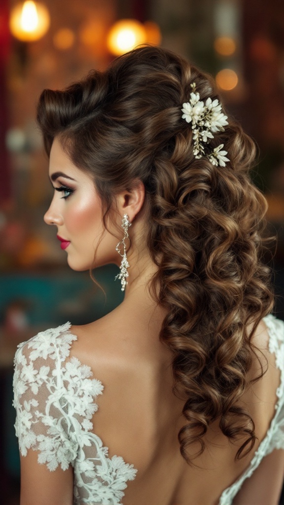 A bridesmaid with vintage-inspired pin curls, adorned with a floral hair accessory, showcasing a romantic hairstyle.