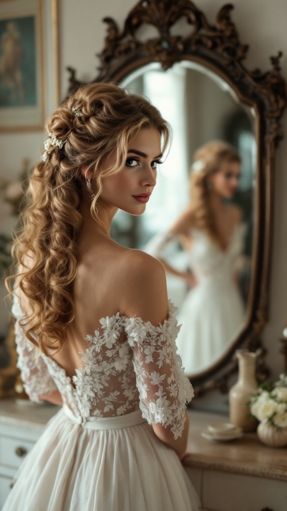 A bride with vintage curls, showcasing a romantic hairstyle in front of a mirror.