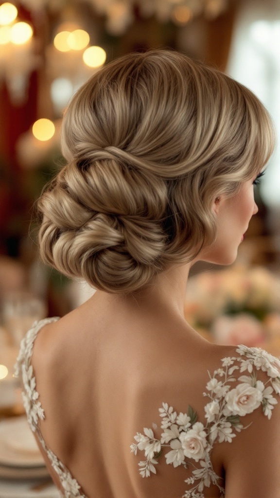 A woman with vintage roll hairstyle and soft bangs, complemented by a floral dress