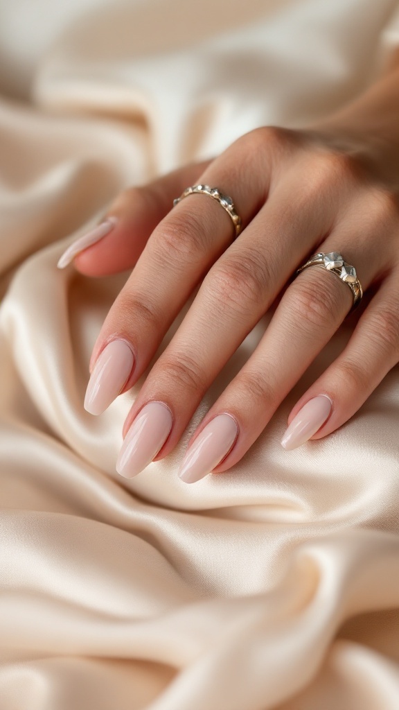 A close-up of a hand with warm beige nails adorned with silver studs, resting on a soft, cream-colored fabric.
