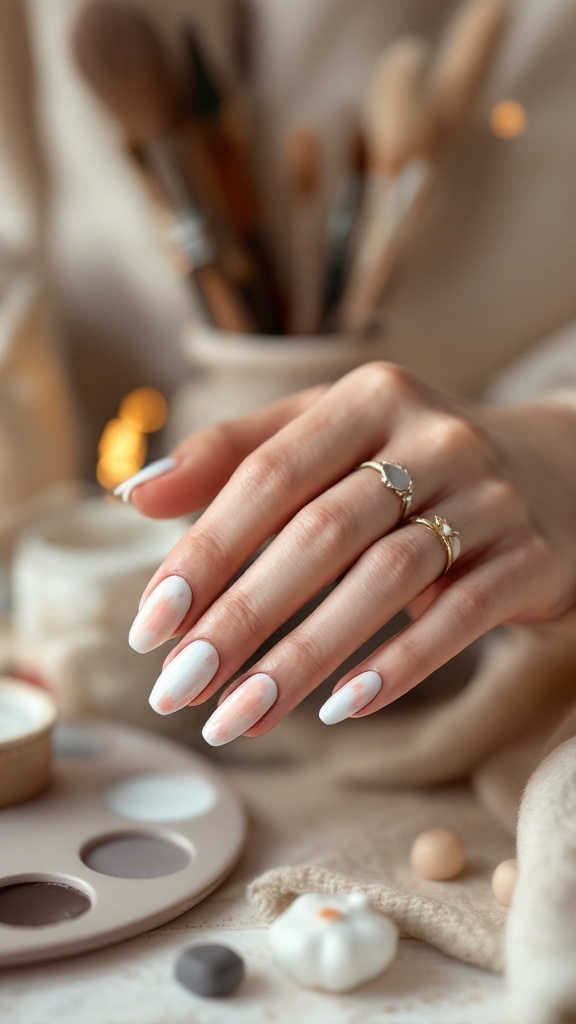 A hand with watercolor effect nails in soft pink and white, with elegant rings, surrounded by beauty tools and pastel colors.