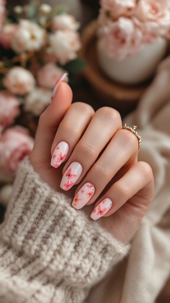 A hand showing whimsical butterfly nail designs with pink flowers, set against a soft background of flowers.