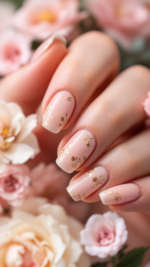 A close-up of elegantly manicured nails featuring gold floral accents on a soft pink background, surrounded by delicate flowers.