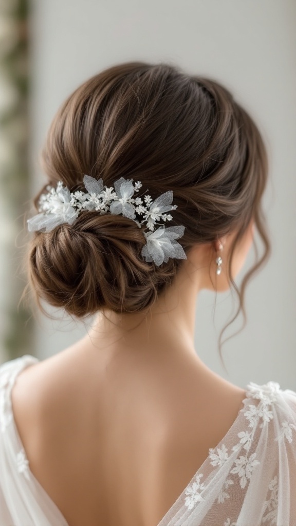 A stylish low bun hairstyle adorned with tulle and floral accessories, perfect for bridesmaids.