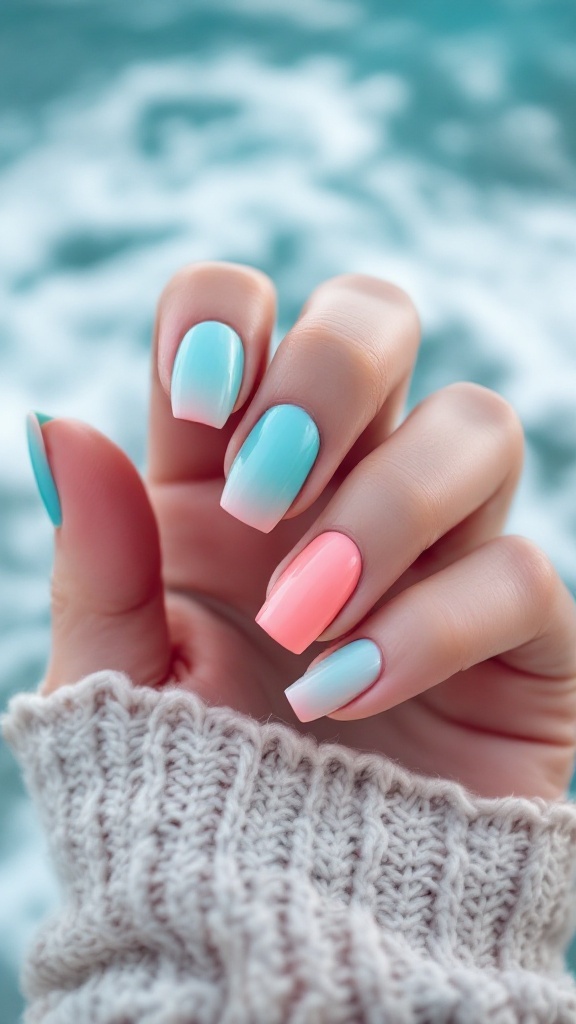 A hand with aqua and coral ombre nails against a beach background.
