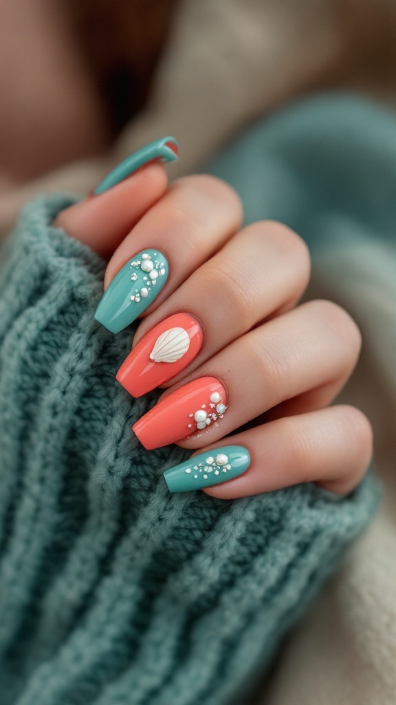 Nail design inspired by Ariel from Disney's The Little Mermaid, featuring coral and teal colors with pearl accents and a shell.