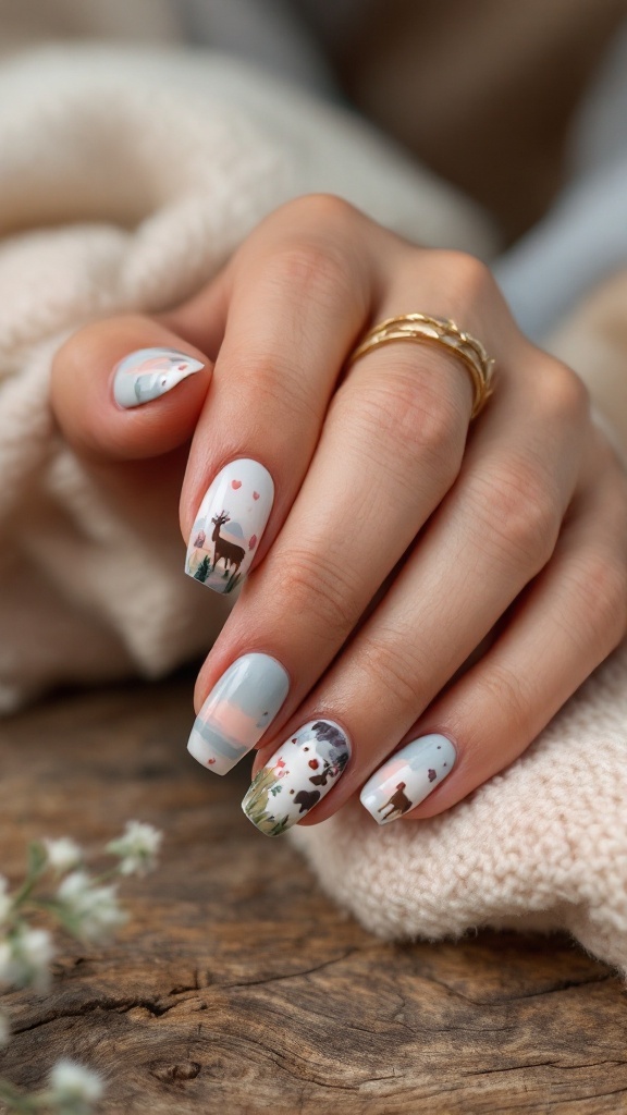 A hand showcasing artisan hand-painted wedding nails with nature-inspired designs.