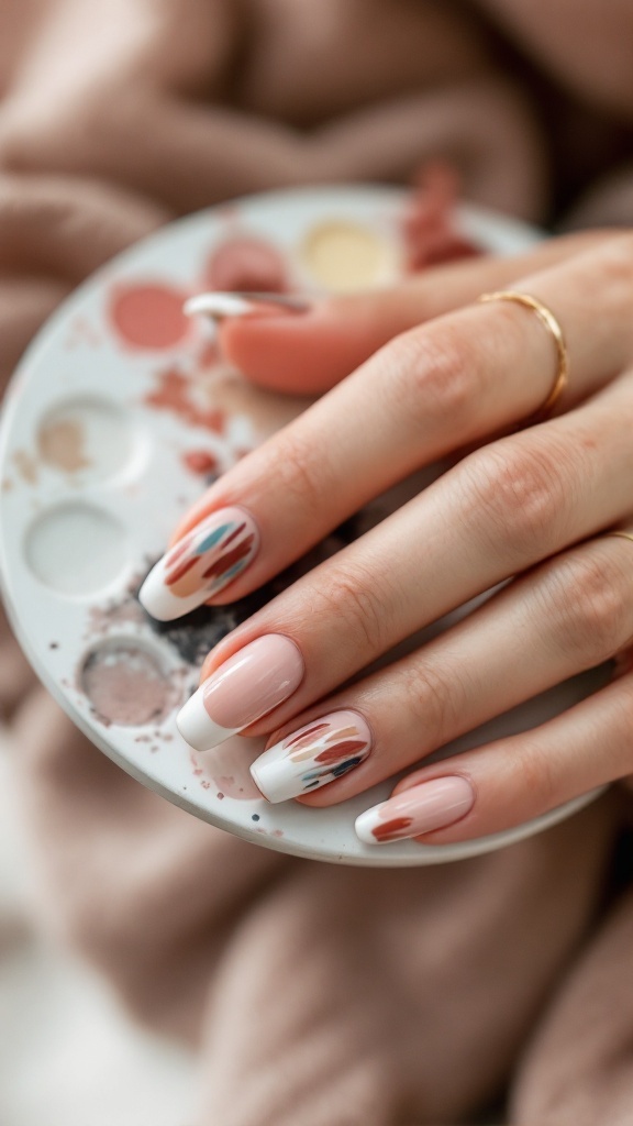 A close-up of a hand with French wedding nails featuring reverse tips and artistic brush strokes, alongside a color palette.