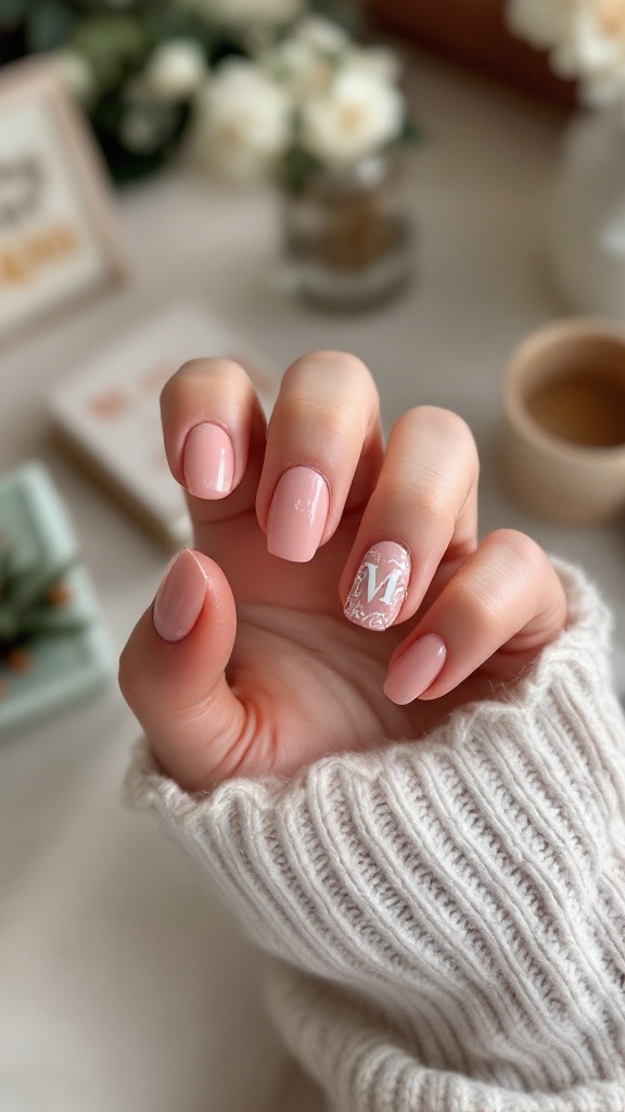 Wedding nails featuring a pink shade with an intricate white 'M' design on one nail