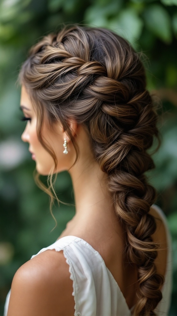 A close-up of a beautiful artistic fishtail braid updo for short hair, featuring soft strands and a romantic look.