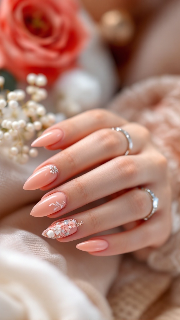 Close-up of wedding nails with pink polish, 3D flowers, and beads