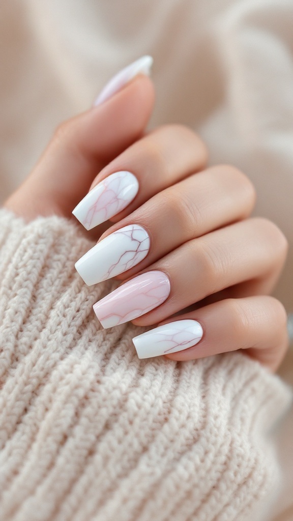 Close-up of a hand with artistic marble effect nails, featuring soft pink and white colors.