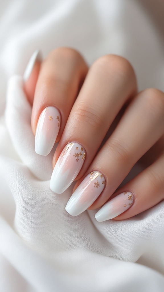 Nails with artistic watercolor effect in white and gold, featuring a pink base and elegant tips.