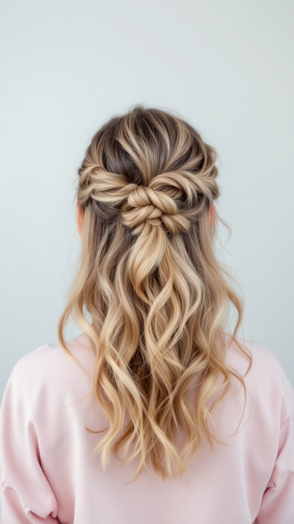 Boho half up bridesmaid hairstyle with beachy waves and a twisted top section.
