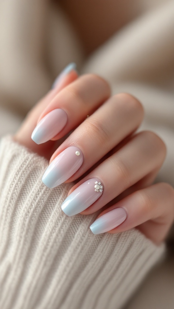 Short wedding nails with a pastel ombre design featuring a blend of blush and sky blue colors, embellished with gems.