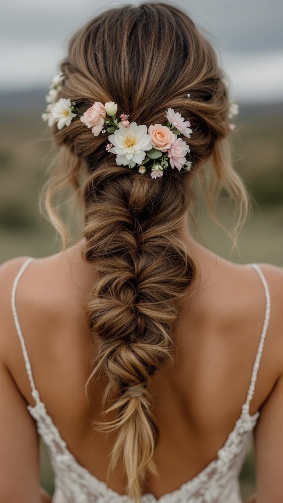 A woman with a bohemian braid hairstyle adorned with floral accents.