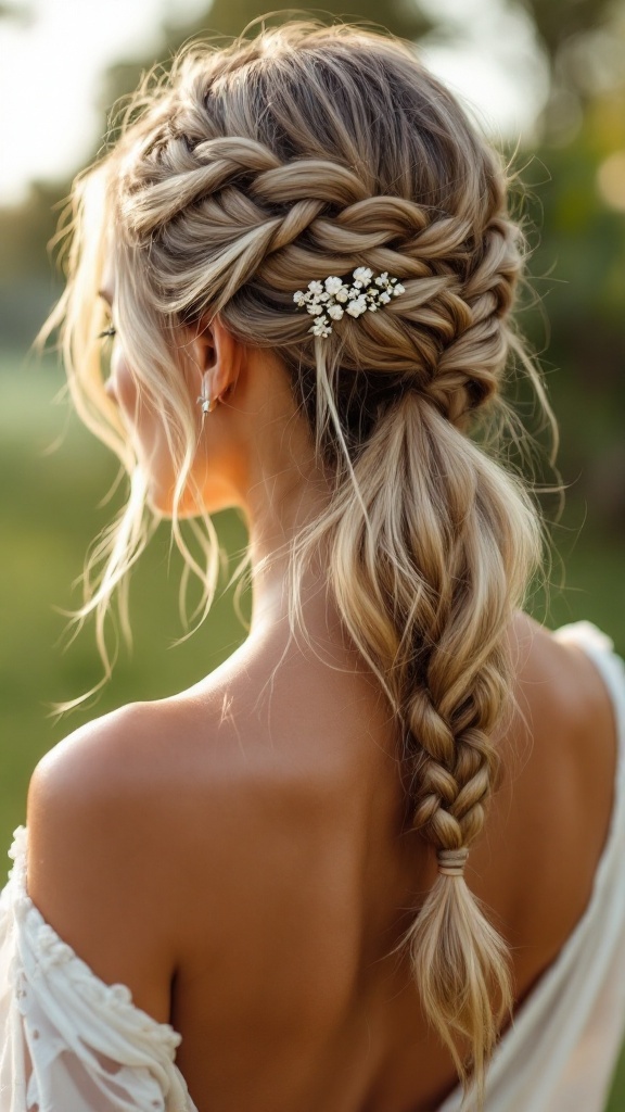 Bohemian braided hairstyle with long bangs and floral hair accessory.