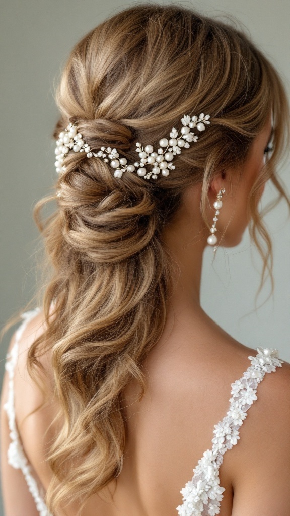 A beautiful half up bridesmaid hairstyle with soft waves and hair jewelry.