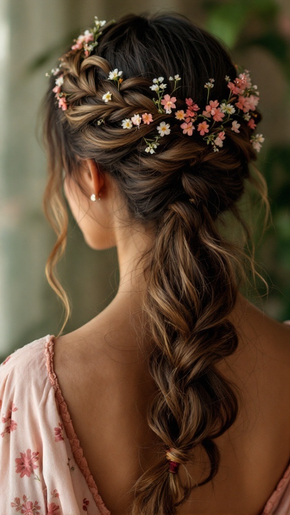A close-up of a Bohemian crown braid hairstyle adorned with flowers.