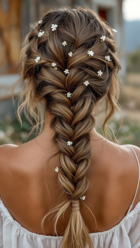 A back view of a woman with a fishtail braid decorated with white flowers, showcasing a bohemian hairstyle.