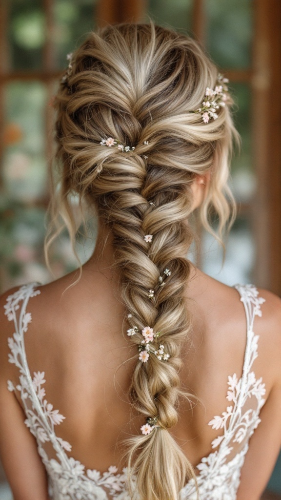 Bohemian fishtail braid hairstyle with flowers