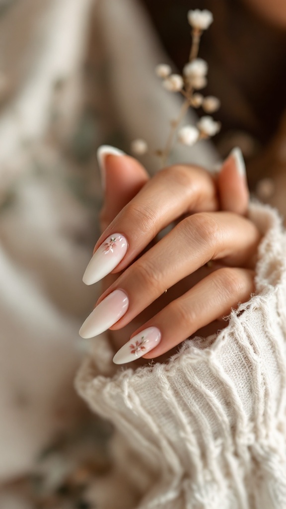 A close-up of ivory wedding nails with floral designs, showcasing a bohemian style.