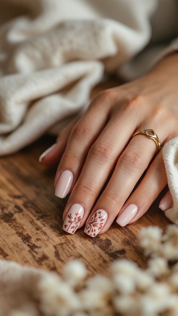 A close-up of a hand with rustic wedding nails featuring a creamy pink base and floral designs in earthy tones.