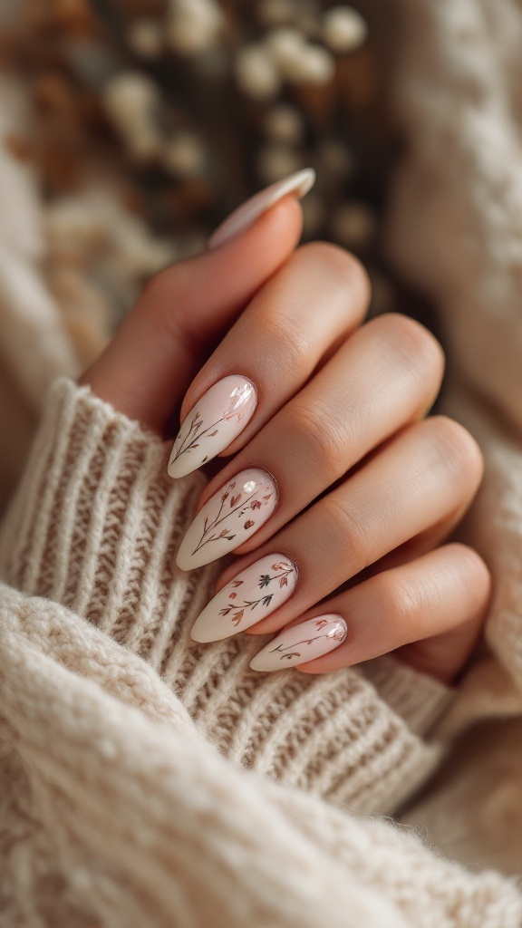 Nails with bohemian floral art in soft nude shades