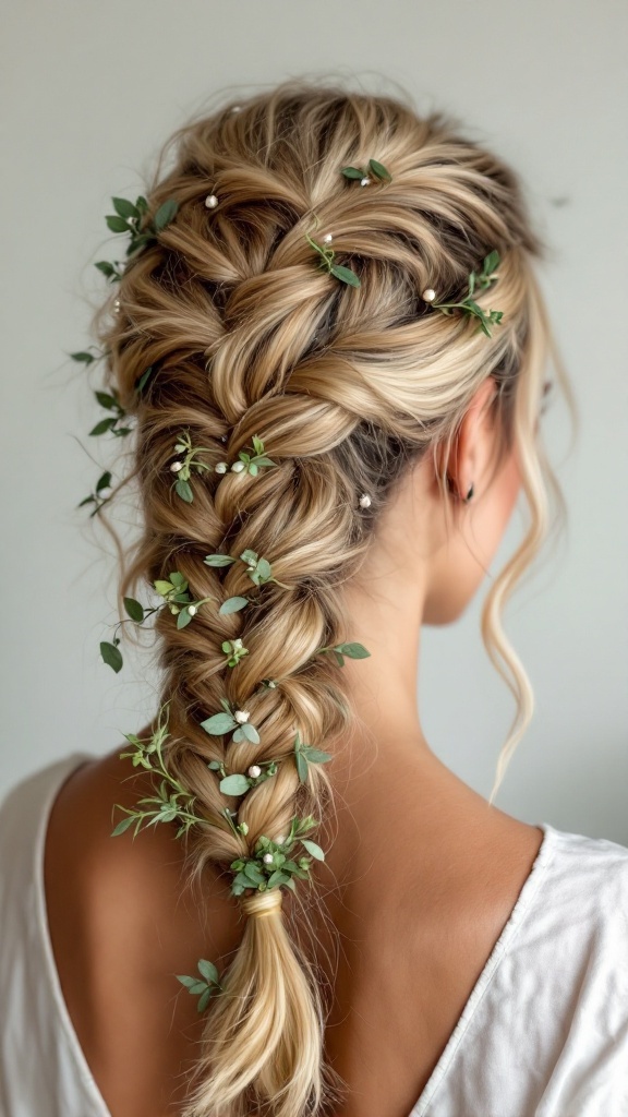 A medium-length hairstyle featuring a braided design with green leaves and pearls.