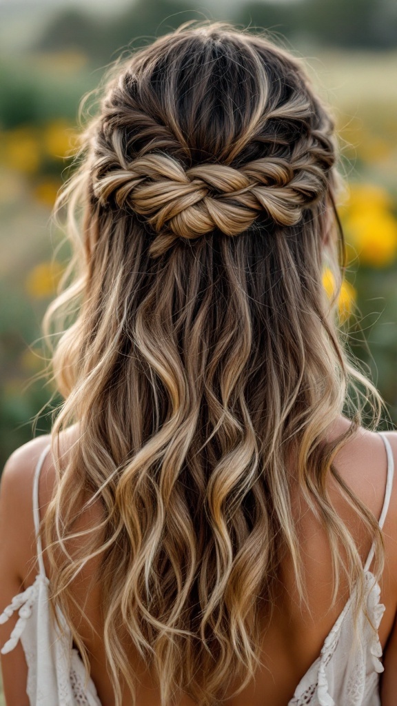 A bridesmaid hairstyle featuring a twisted half-up style with loose waves.