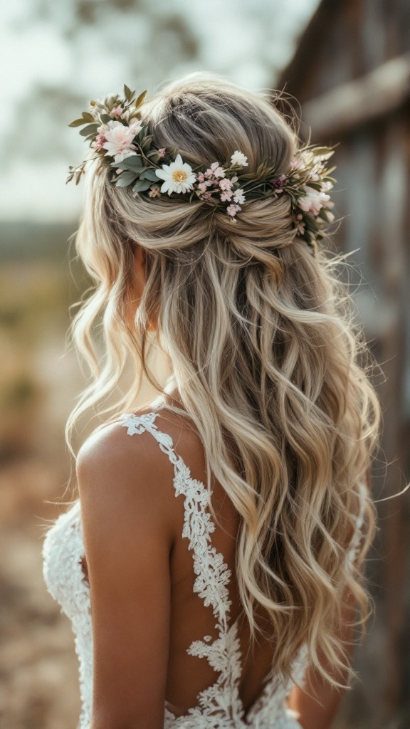 A bride with loose wavy hair adorned with a floral crown, wearing a lace dress.